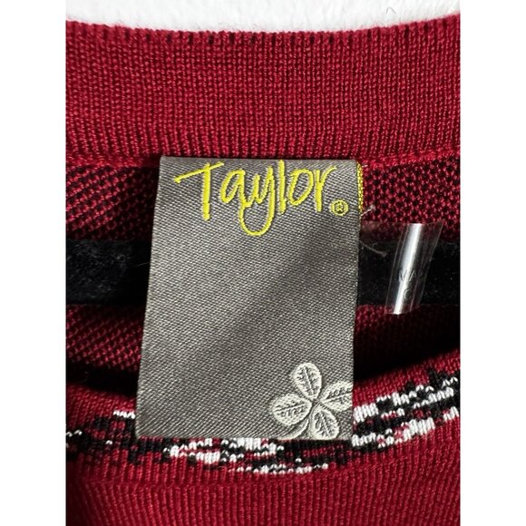 Taylor sz L Jacquard Sweater Dress Fit & Flare CUTE Red Floral Holiday NWT Knit - Picture 4 of 9
